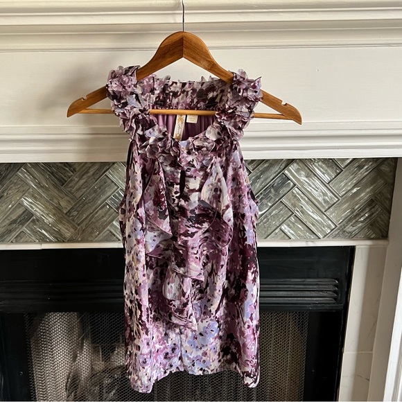 ADIVA Purple Petals RUFFLE Keyhole SLEEVELESS Feminine Lined BLOUSE Top PS - Picture 3 of 17